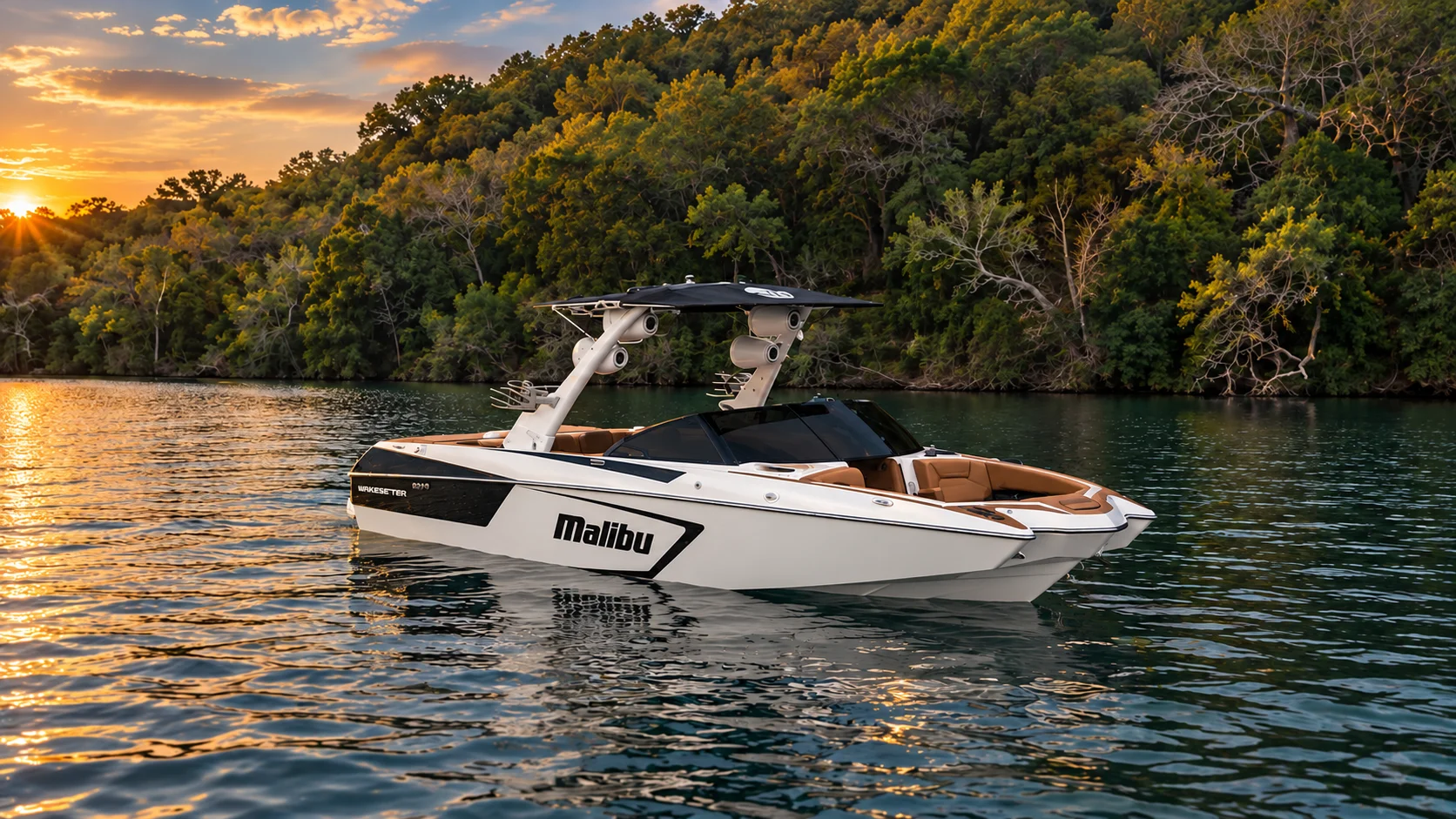 White Malibu with tan seating on the lake at sunset